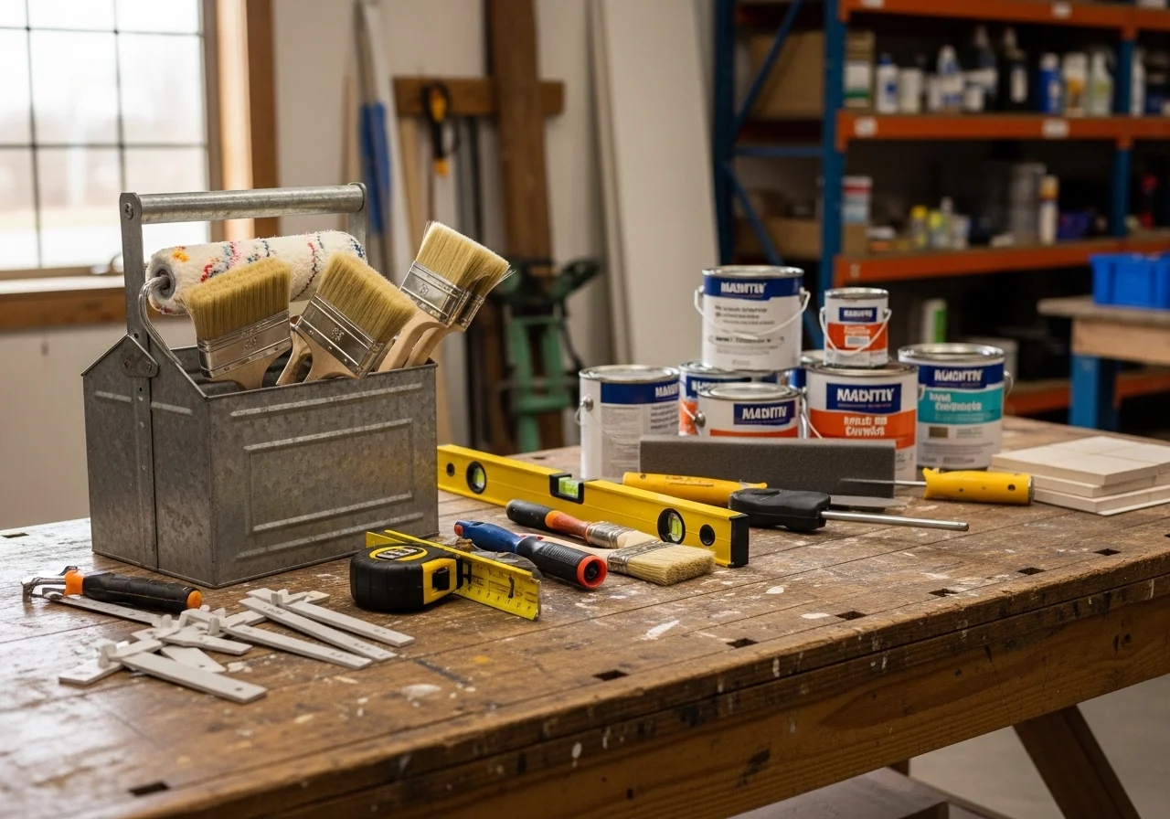 Professional contractor tools and equipment arranged on a workbench, ready for interior remodeling projects.