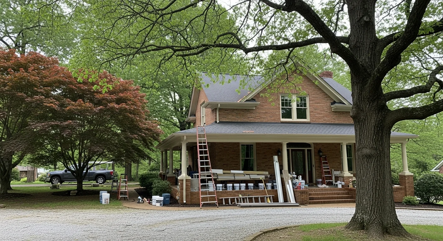 Residential home in Lawrenceburg, Tennessee with mature trees and brick exterior.