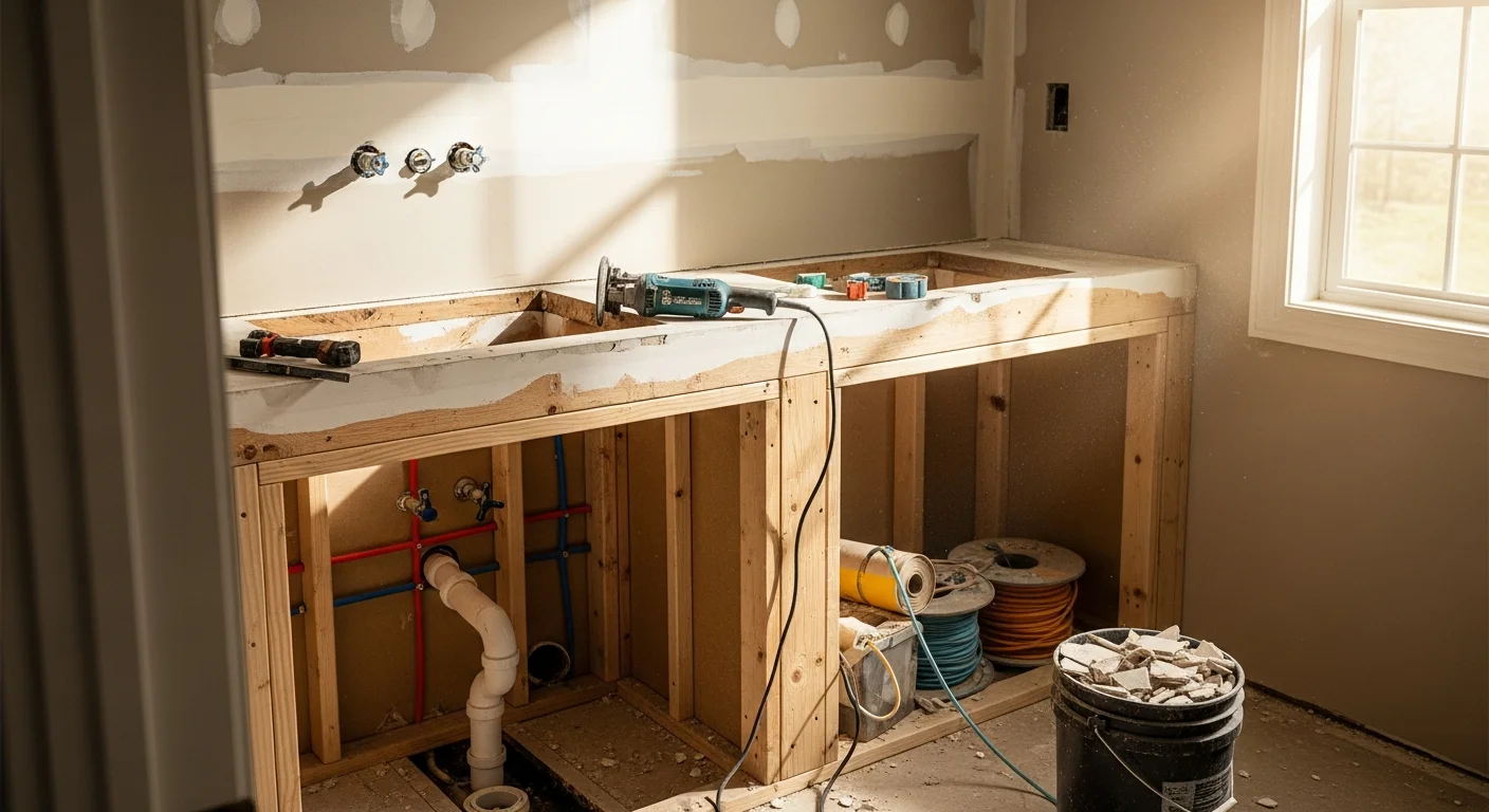 A remodeled bathroom in a Lawrenceburg, TN home featuring updated tile work, a new vanity, and a walk-in shower with modern fixtures. The space reflects a clean, functional layout typical of renovated Lawrence County homes.