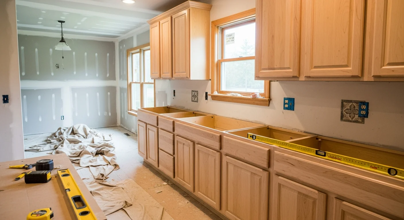 Newly installed white shaker kitchen cabinets with open shelving and clean hardware in a remodeled home in Lawrenceburg, Tennessee. Upper and lower cabinet boxes are set flush against painted walls with a window above the sink area.