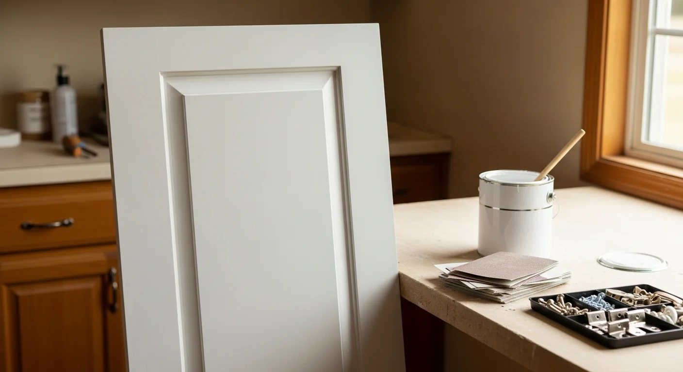 Freshly painted white kitchen cabinets with clean brush lines and smooth finish inside a Lawrenceburg, TN home. Cabinet doors and drawer fronts show an even, matte finish with hardware removed during the painting process.