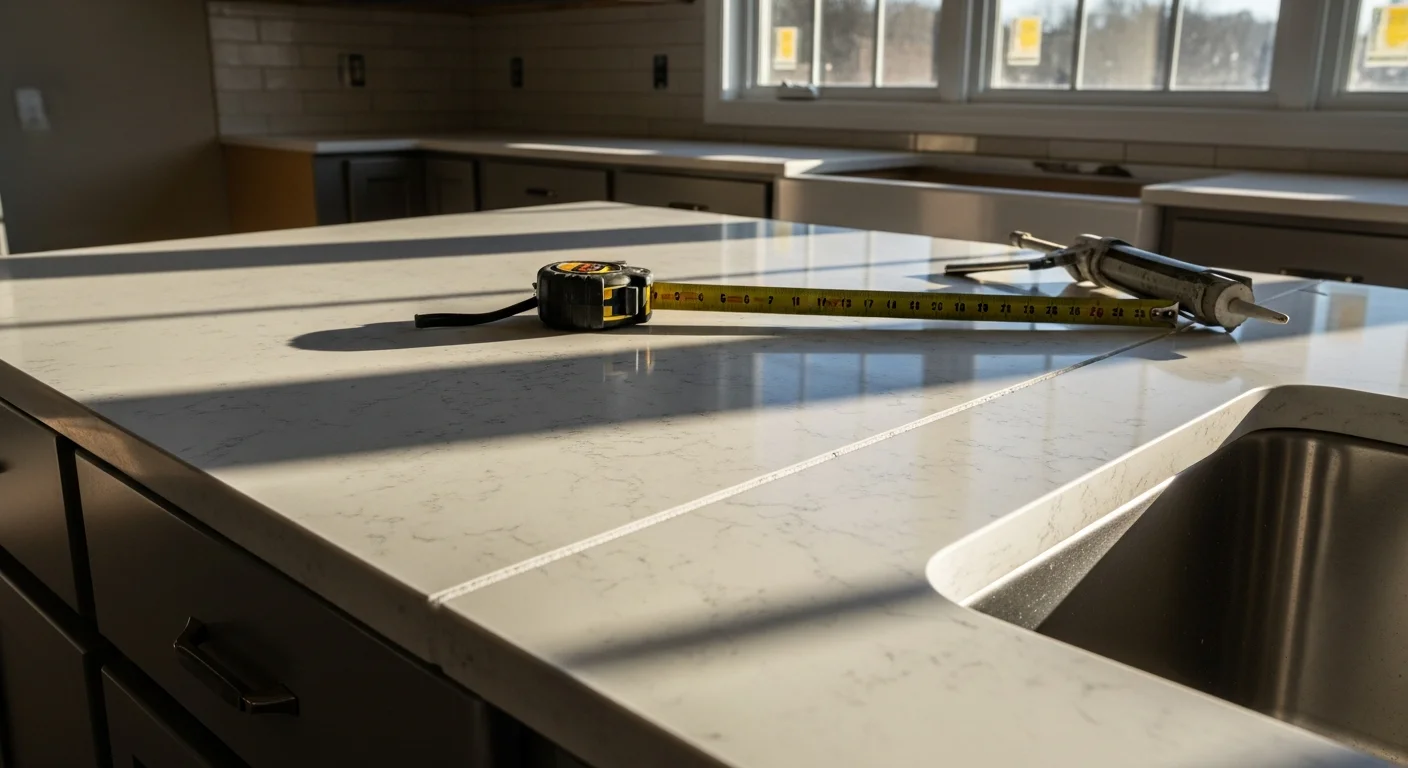 Newly installed stone countertop on white kitchen cabinets inside a Lawrenceburg, TN home, with a undermount sink and clean sealed edges. The open-plan kitchen shows a finished surface ready for daily use.