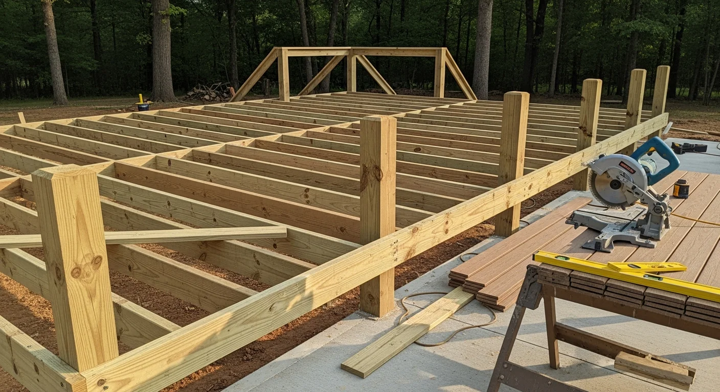 A newly built wood deck attached to the rear of a single-story home in Lawrenceburg, Tennessee, featuring a railed perimeter and steps leading to a grassy backyard. The deck structure shows clean framing, level decking boards, and corrosion-resistant hardware suited for the humid Middle Tennessee climate.