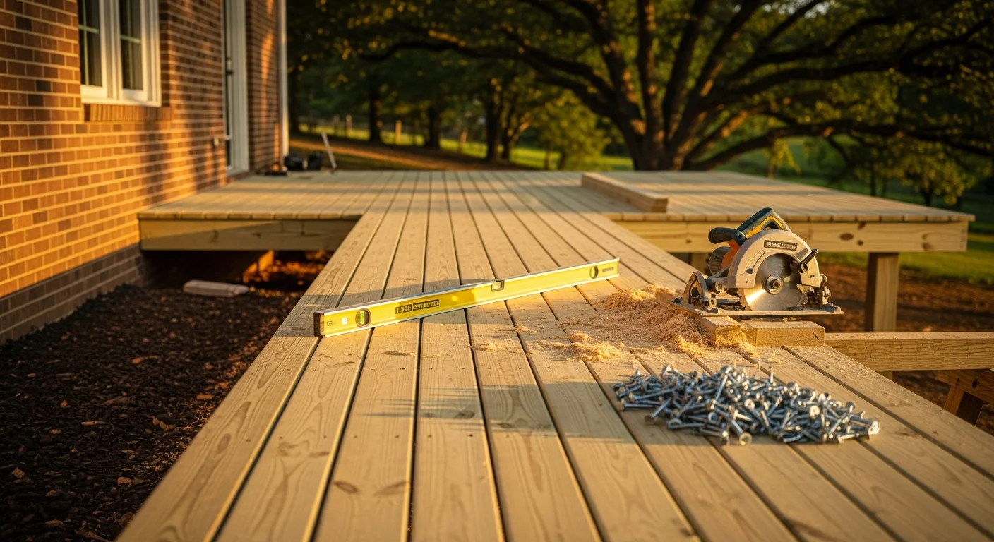 Newly built wood deck attached to the back of a residential home in Lawrenceburg, TN, featuring railings and steps leading to a backyard lawn. The deck structure shows clean framing and finished decking boards suited for outdoor living in Middle Tennessee.