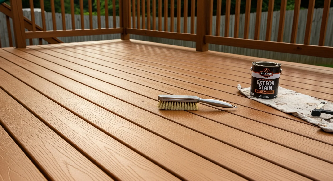 A freshly finished wood deck on a Lawrenceburg, TN home showing even stain coverage across deck boards, railings, and stairs. The wood grain is visible and the surface shows no peeling or gray weathering.