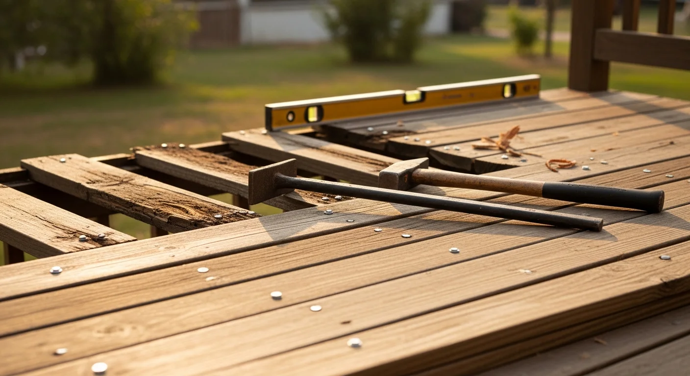 A repaired residential deck with replaced boards and secure railings on a single-family home in Lawrenceburg, Tennessee. The deck shows fresh wood repairs alongside the existing structure on a typical Lawrence County property.