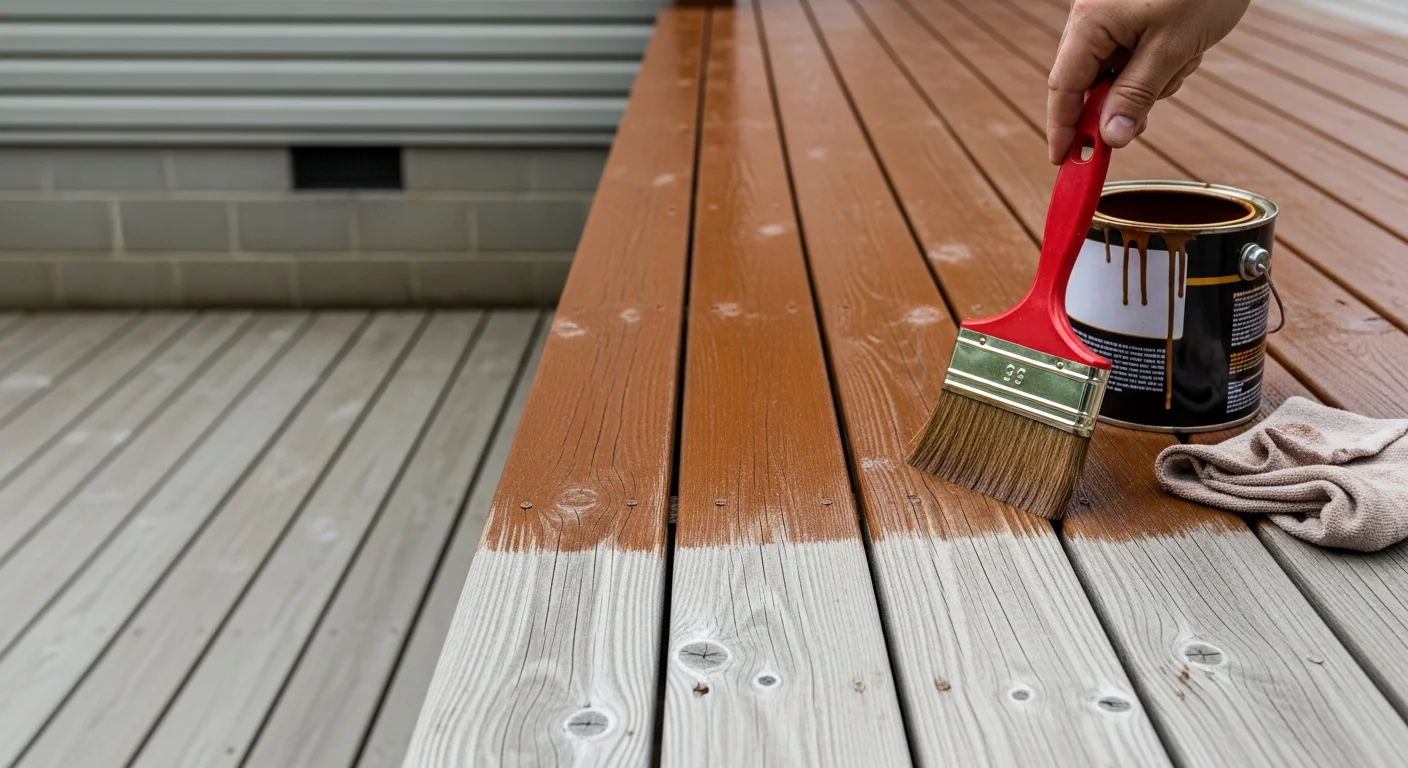 A freshly stained wood deck on a single-family home in Lawrenceburg, TN, with even color across the boards, railings, and steps. The deck surface shows clean, protected wood with no fading or gray weathering.