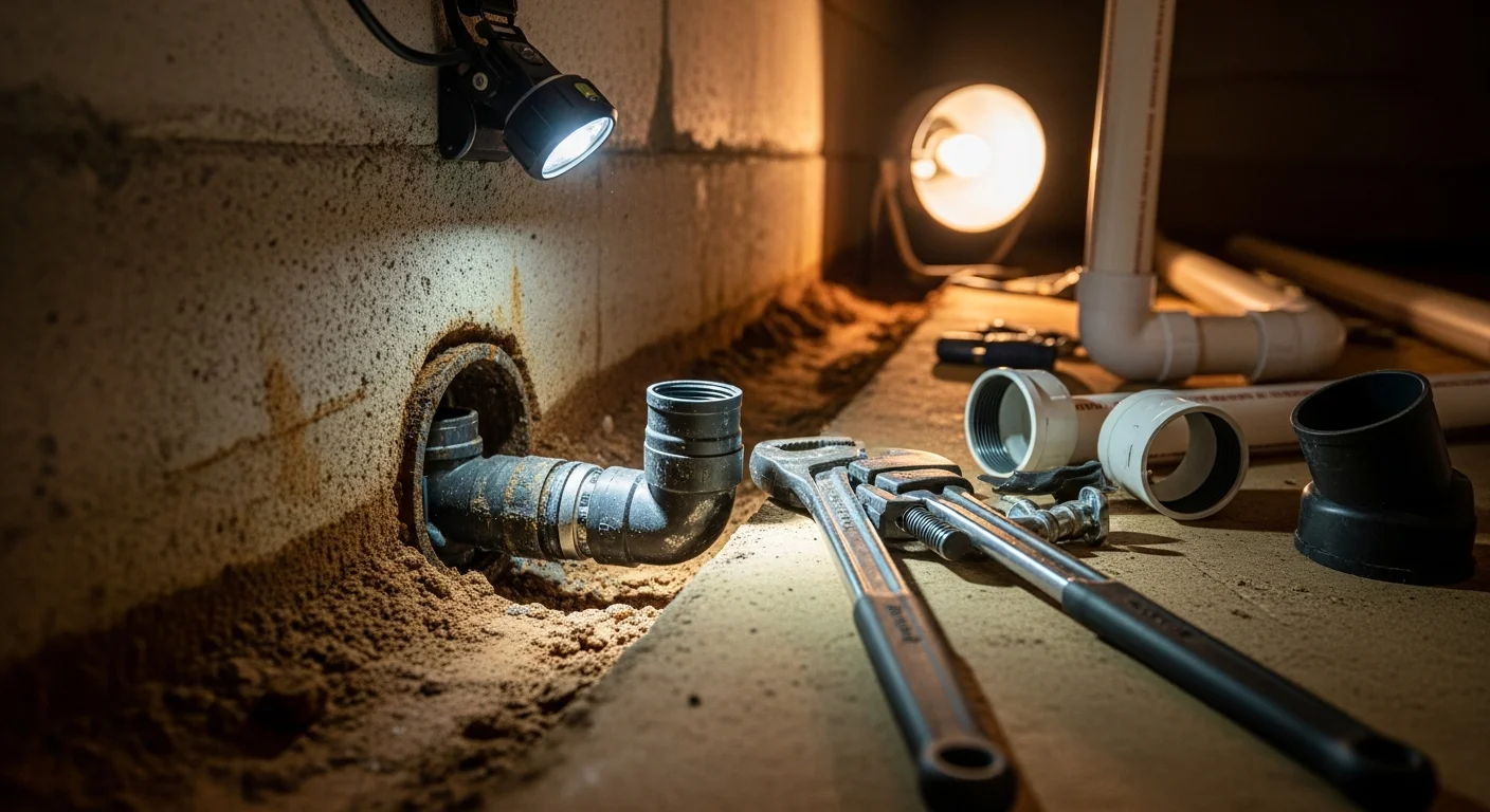 A repaired drain pipe section beneath a crawl space in a Lawrenceburg, TN home, showing a clean pipe connection with no visible corrosion or joint separation. A technician's tools rest nearby on the crawl space floor after completing the repair.