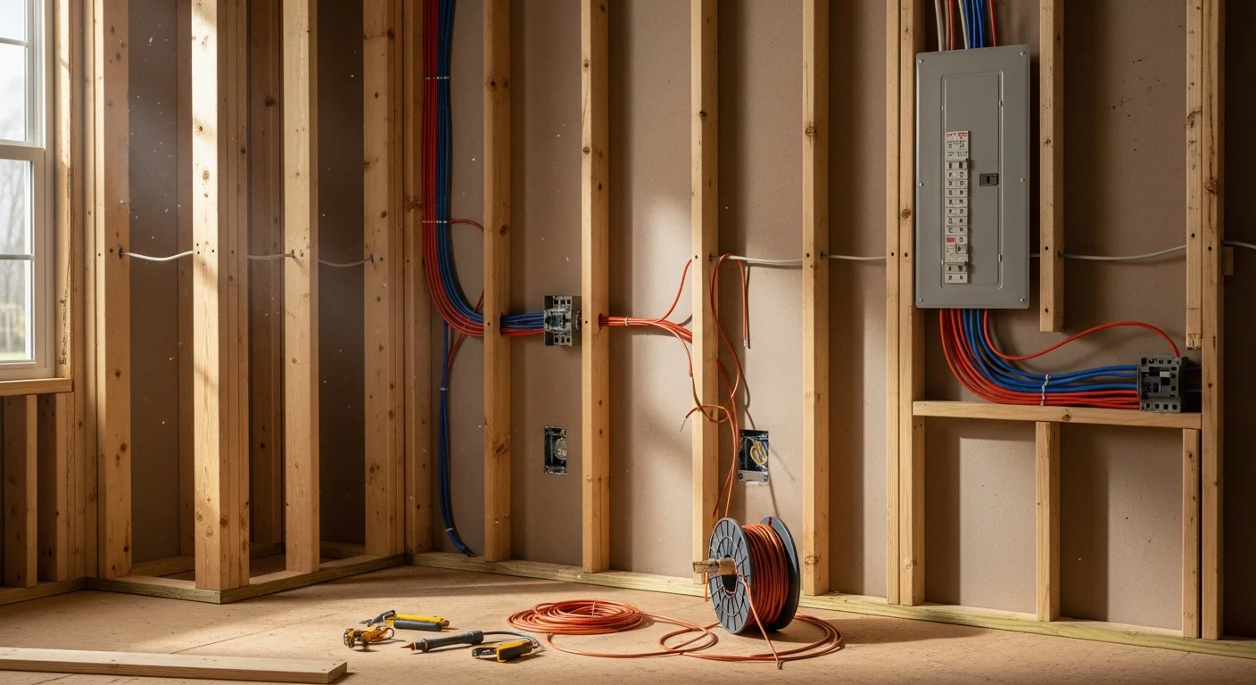 A licensed electrician installs new wiring and outlet boxes inside the open wall framing of a residential room addition in Lawrenceburg, TN. The rough-in work shows organized circuit runs ready for inspection before drywall installation.