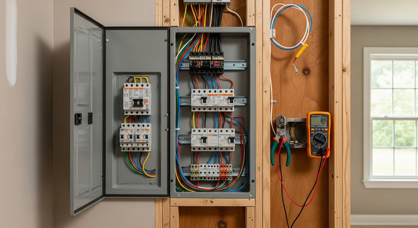 A licensed electrician upgrading an electrical panel inside a Lawrenceburg, TN home during a remodeling project. Updated breaker box installed in a residential utility area with clean wiring runs visible.
