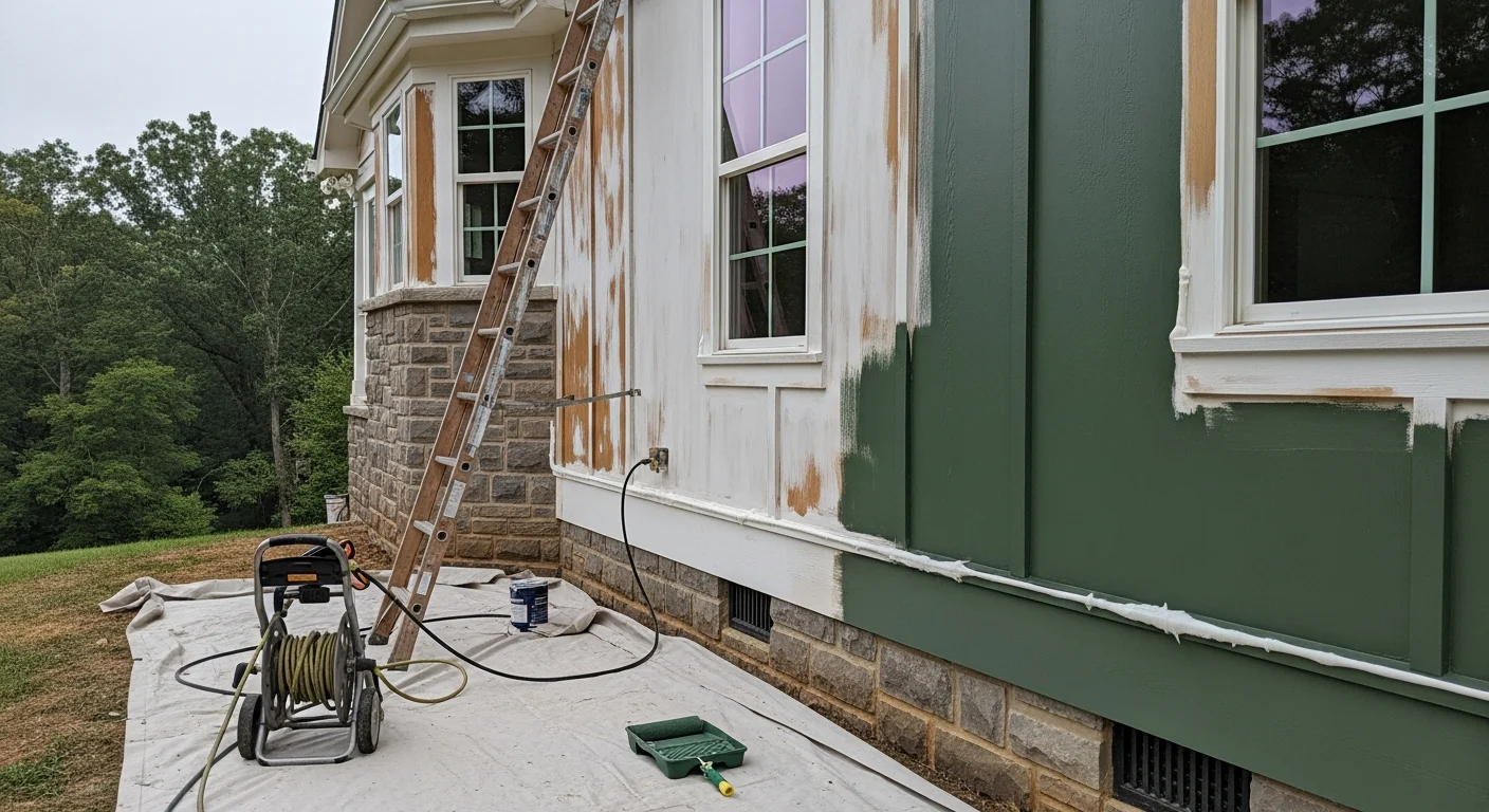 A freshly painted single-story home exterior in Lawrenceburg, TN with clean trim lines and smooth siding finish. The completed exterior painting work by Superior Painting and Remodeling LLC shows even color coverage across the siding, trim, and front door.
