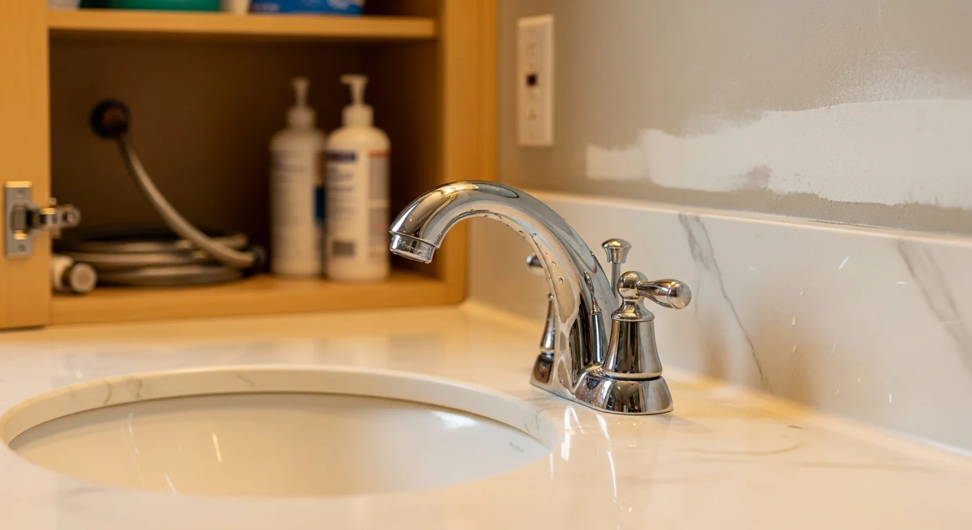 A newly installed bathroom faucet and sink fixture in a single-family home in Lawrenceburg, Tennessee. The finished installation shows clean supply line connections and a modern fixture replacing an older unit.