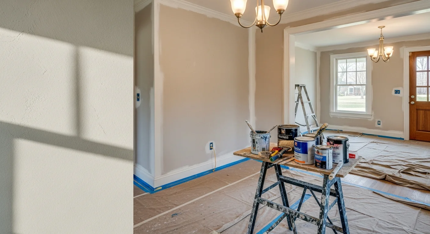 A fully renovated single-family home interior in Lawrenceburg, TN showing freshly painted walls, updated trim, and refinished cabinetry throughout an open living and kitchen area. The space reflects a complete whole-home renovation typical of mid-century ranch-style homes updated by Superior Painting and Remodeling LLC.