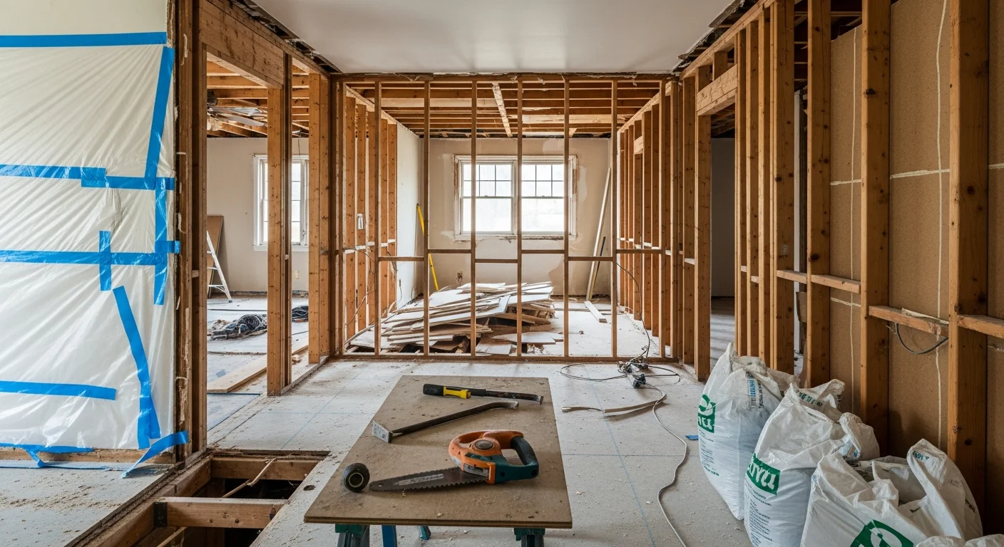 Interior of a Lawrenceburg, TN single-family home stripped down to wall studs and subfloor after interior demolition. Debris has been cleared and the space is ready for the renovation build phase.