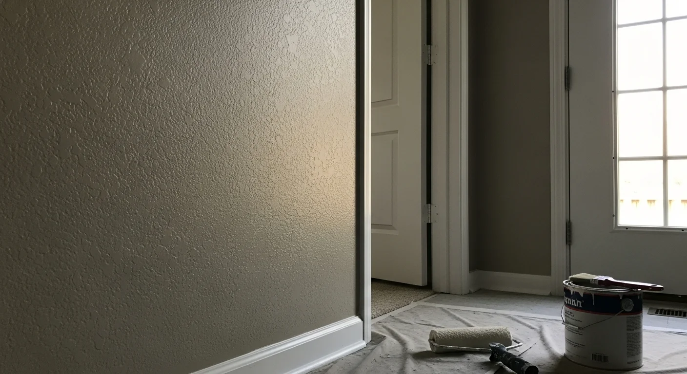 A freshly painted interior living room in a Lawrenceburg, TN home, showing smooth, even wall coverage in a neutral tone with clean trim and painted door frames. The room reflects the kind of older ranch-style home common in the Lawrenceburg area, updated with a clean interior paint finish.