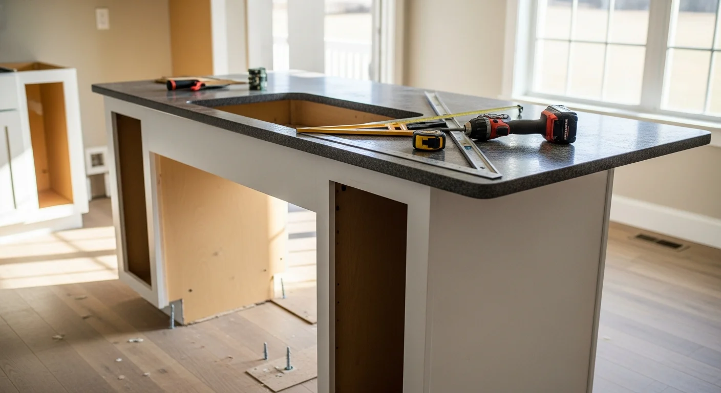 A newly installed kitchen island with base cabinets and a fitted countertop inside a Lawrenceburg, TN home. The island is anchored to the floor with clear walkway space on all sides and open-concept living area visible in the background.