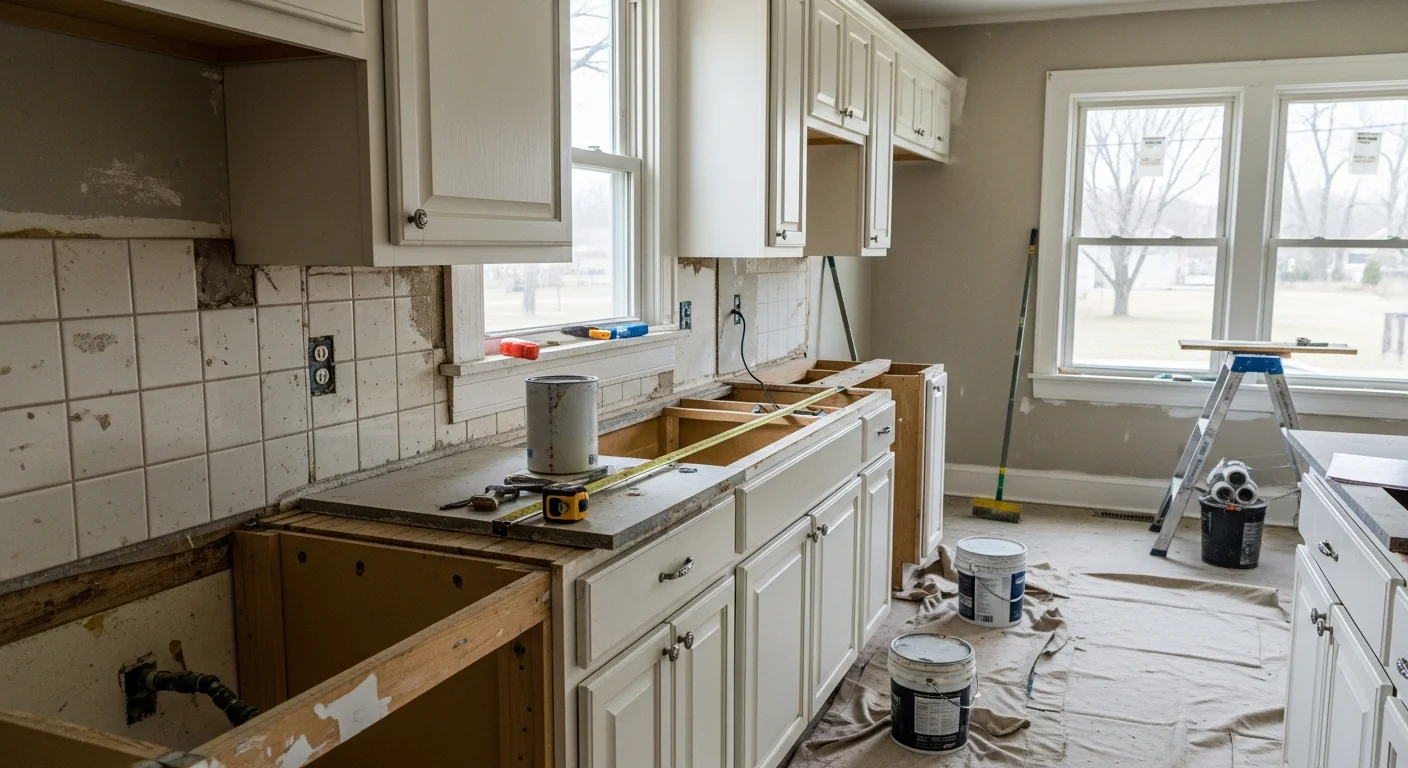 A remodeled kitchen inside a Lawrenceburg, TN home featuring updated cabinetry, fresh countertops, and painted walls in a neutral tone. The space shows an open layout with improved storage and clean finish work throughout.