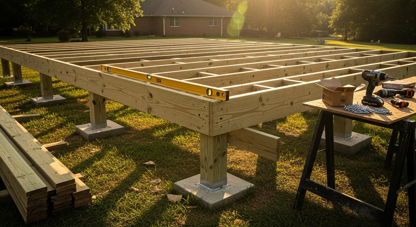 A newly built wood deck with pergola attached to the rear of a residential home in Lawrenceburg, Tennessee. The structure shows clean framing, level decking boards, and a covered section sized for outdoor seating.