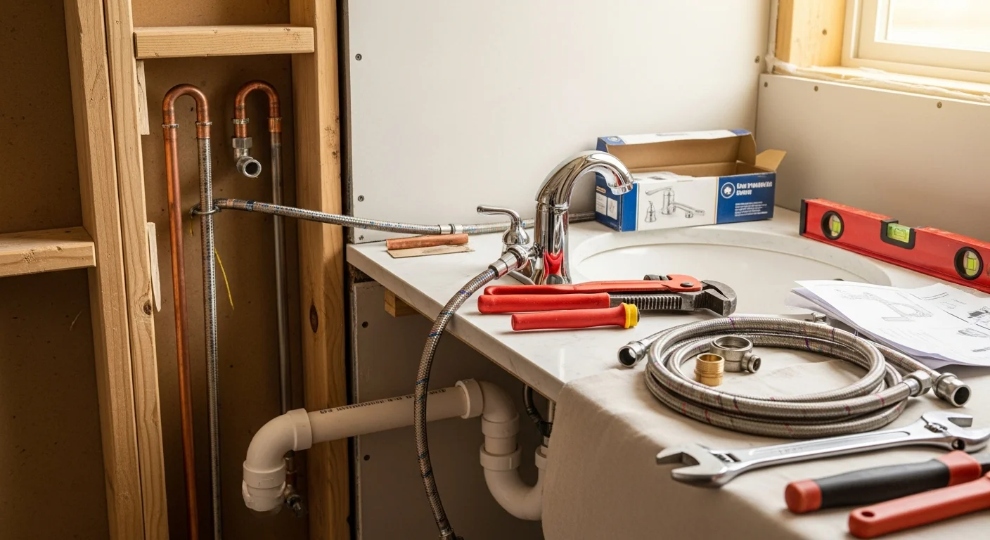 A newly installed bathroom with a white toilet, pedestal sink, and tub-shower combo inside a remodeled home in Lawrenceburg, TN. Fresh supply lines and drain connections are visible beneath the sink, showing clean plumbing installation work completed by Superior Painting and Remodeling LLC.