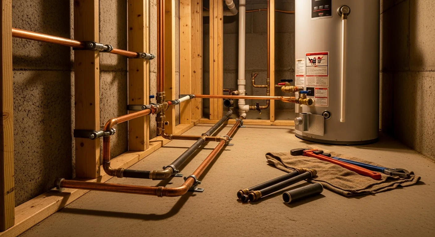 A plumber inspecting exposed crawl space pipes beneath a single-family home in Lawrenceburg, TN. The image shows pipe fittings being assessed for corrosion as part of a residential plumbing service call.