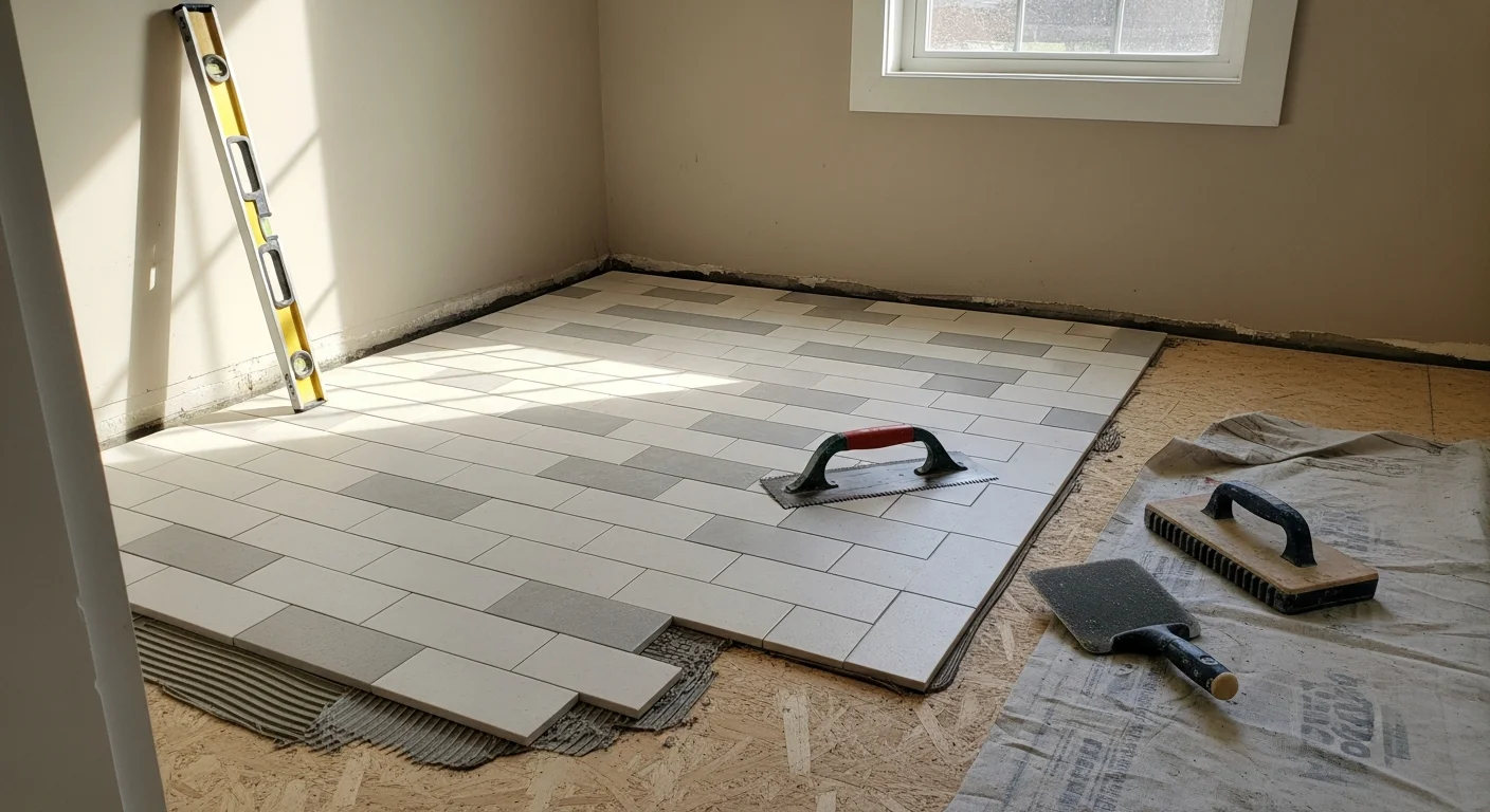 Freshly installed ceramic floor tile in a remodeled bathroom of a single-family home in Lawrenceburg, TN. Clean grout lines and a tiled shower wall are visible in the background.