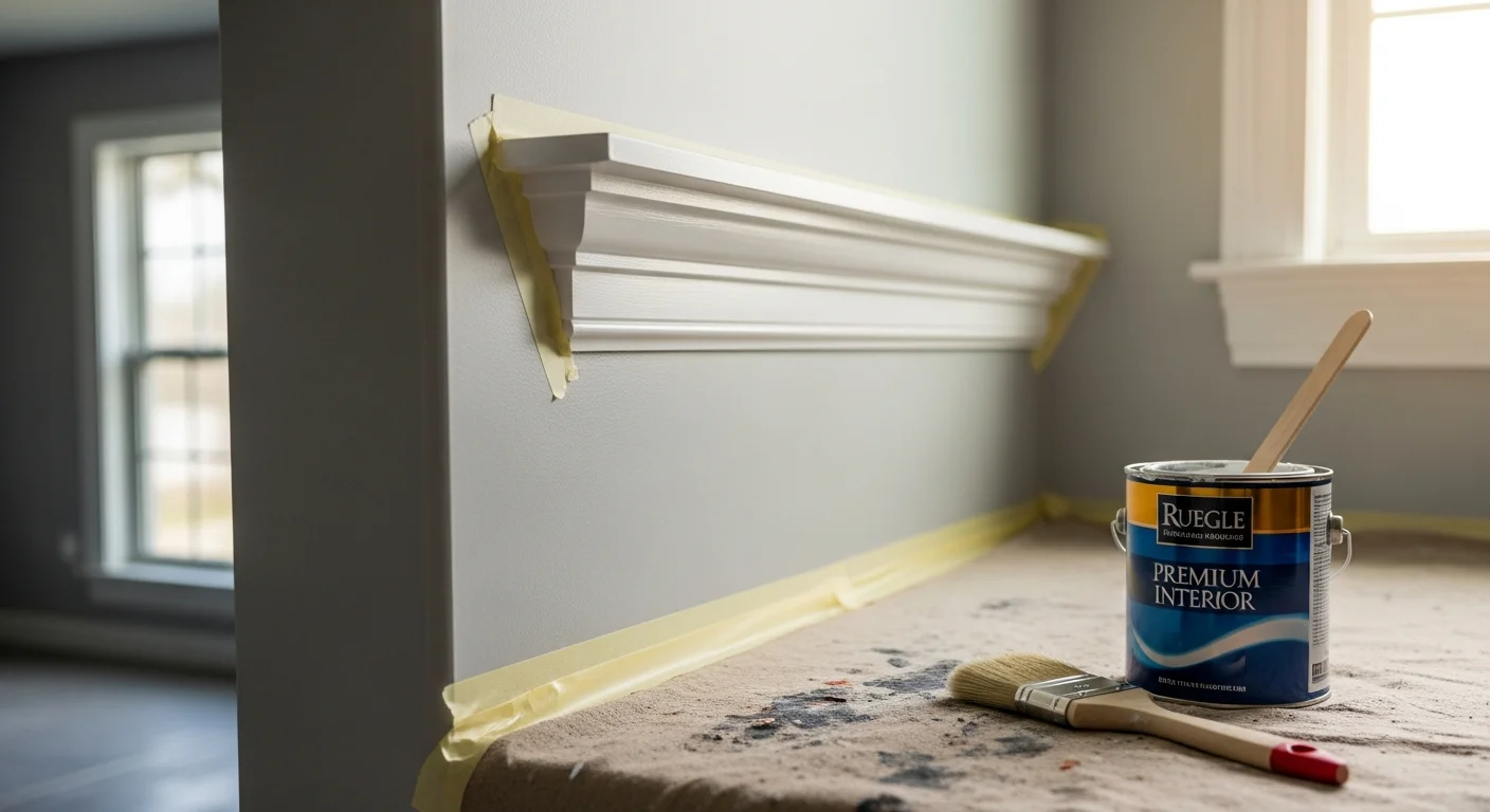 Freshly painted white crown molding and baseboards in a Lawrenceburg, TN living room with clean edges against a neutral wall. Close-up view shows smooth, even finish on wood door casing with no brush marks or paint bleed.