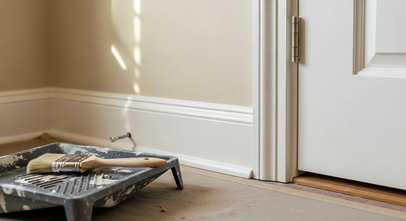 Close-up of freshly painted white trim on a traditional Southern-style home in Lawrenceburg, TN, showing clean edges along a door casing and baseboard. The painted wood trim contrasts against a warm interior wall color in a well-lit room.